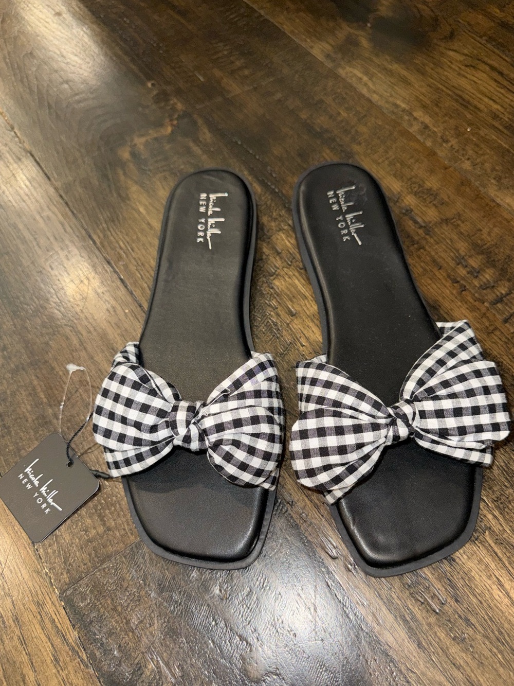 Nicole Miller Black & White Gingham Bow Slide Mules